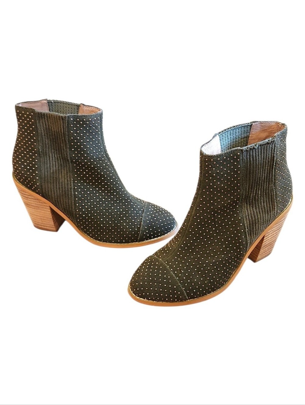 Anthropologie Olive Suede Micro Studded Ankle Boots Ribbed Block Heel Boho Sz 6